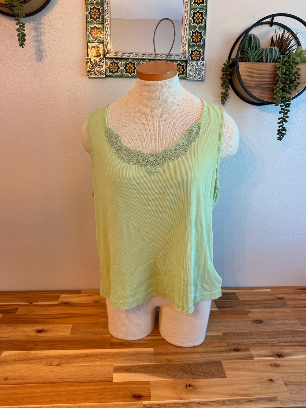 Vintage Lauren Ralph Lauren Lime Green Ribbed Crochet Trim Tank Top - 1X